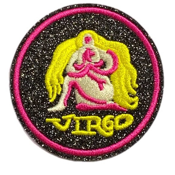 Accessories - Glitter Embroidered Round Virgo Zodiac Iron On Patch Black Yellow Pink